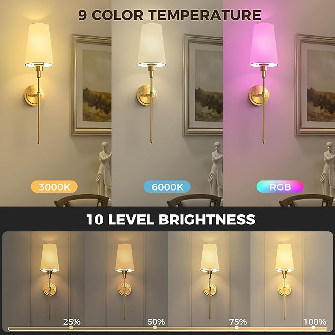 DORESshop Battery Operated Wall Sconce Set of 2, Wireless Wall Light Easy to Install, 15 Color Rechargeable Wall Sconces, Sconce Wall Decor Set of 2 for Bedroom, Living Room, Gold, 27in