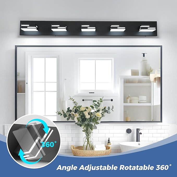 5-Light Modern Bathroom Vanity Light Fixtures, 40-Inch 350° Rotatable LED Vanity Lights Over Mirror, 40W Matte Black Metal Wall Sconce with Frosted Acrylic Shade, Non-Dimmable