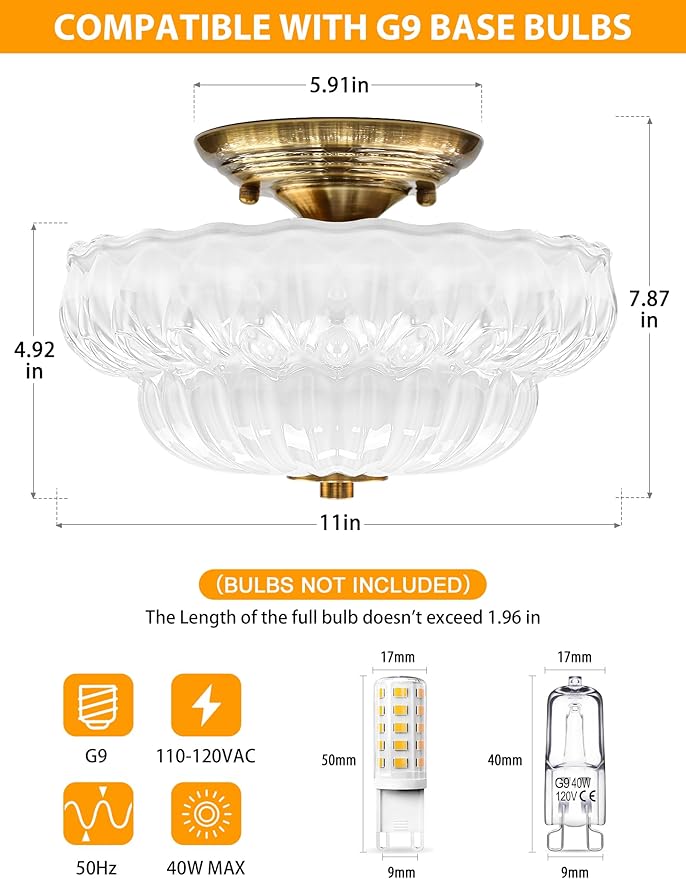 Semi Flush Mount Ceiling Light,11IN Vintage Gold Hallway Lights Fixture,3-Bulb Globe Milk Glass Close to Ceiling Light for Bathroom, Hallway, Dining Room,Bulb Not Included