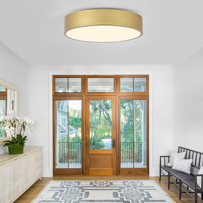 Modern Gold Flush Mount Ceiling Light Fixture,Contemporary 3-Light Round Ceiling Lights with White Acrylic Shade for Hallway,Foyer,Entryway,Closet, Bedroom,Kitchen(15.8")