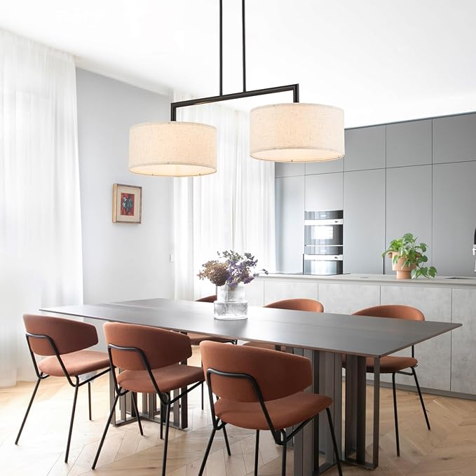 39” Modern Chandelier Off-White Fabric Shade 2-Lights Adjustable Industrial Pendant Light Large Farmhouse Contemporary Pendant Lighting Fixtures for Dining Living Room Kitchen, UL Listed