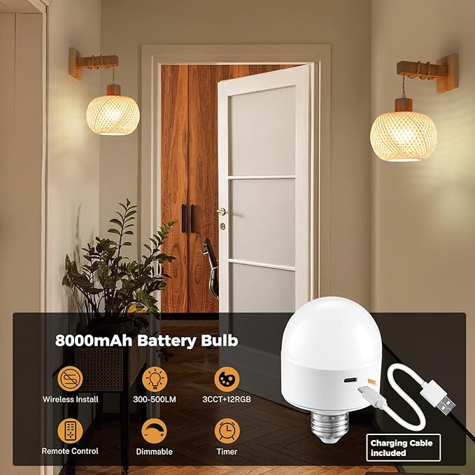 Battery Operated Wall Sconce with Remote Set of 2, Rechargeable Boho Wall Sconces with 8000mAh Bulbs, 3CCT+12RGB Dimmable Woven Bamboo Wall Light/Lamp Rattan Sconces for Bedroom Living Room