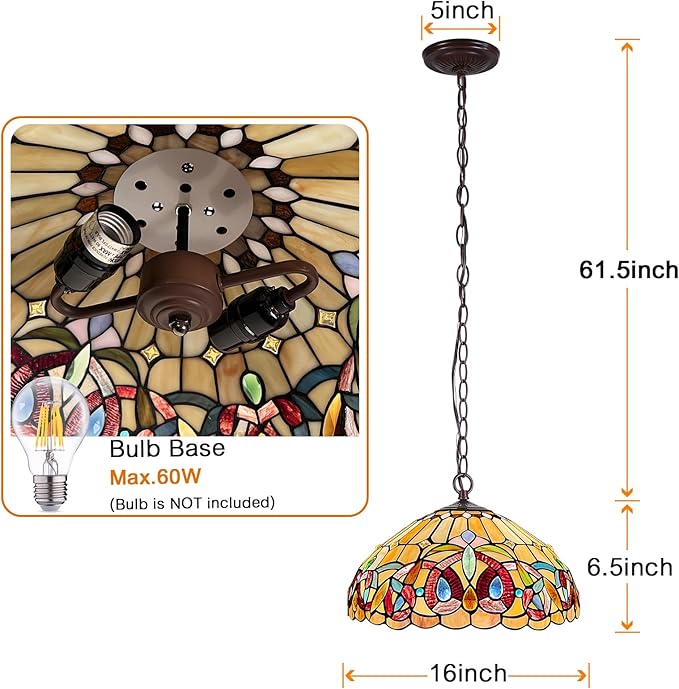 Capulina Tiffany Lamp Stained Glass Pendant Light 2-Light 16" Wide Cream Brown Tiffany Style Hanging Lamp for Kitchen Island Dining Room Hallway Foyer(Adjustable Height)
