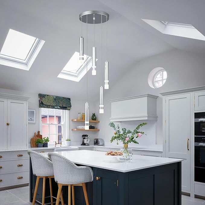 5-Light Modern Pendant Light Kitchen Island Light Fixture Dimmable LED Chrome Mini Pendant Lights Dinning Room Kitchen Chrome Pendant Lighting