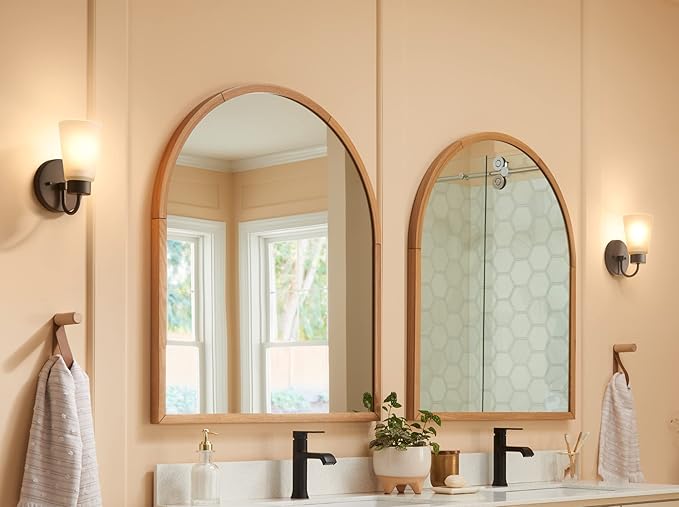 Kichler Stamos Wall Sconce 1-Light with Satin Etched Glass, Modern Bathroom or Hallway Light in Olde Bronze®, (8" H x 5" W x 6" D)
