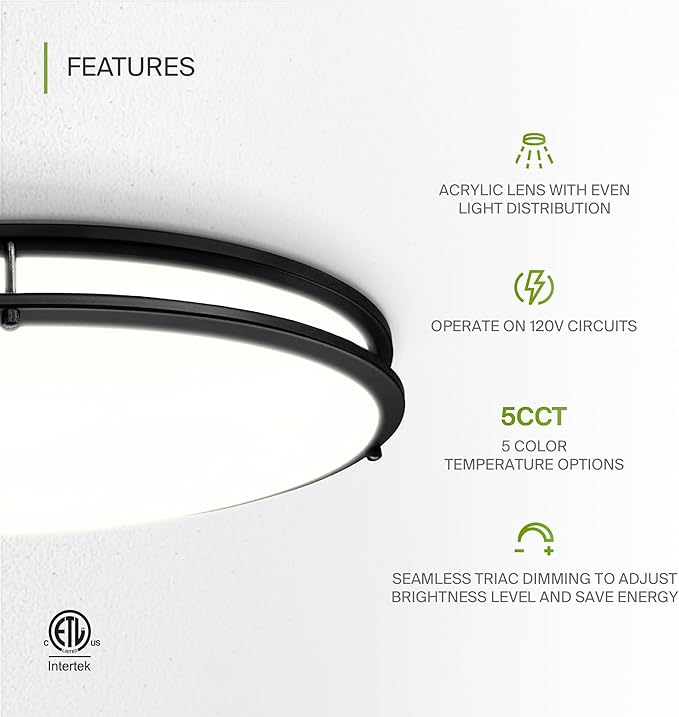 ASD LED 32" Oval Flush Mount Lighting, Close to Ceiling Light Fixture | 5CCT, Dimmable, ETL Listed | 50W 4195LM 2700-5000K 120V | Low Profile Double Ring Lamp | Black, 2 Pack