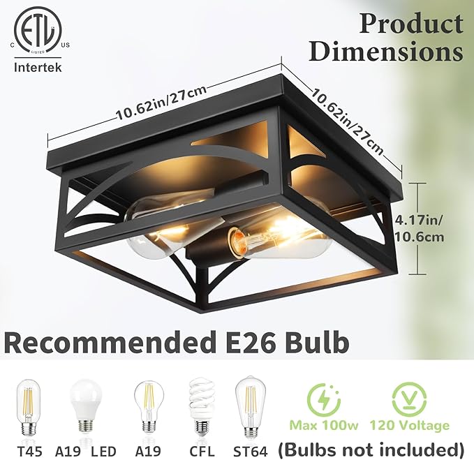 Black Square Flush Mount Ceiling Light, Farmhouse Ceiling Light Fixture for Hallway Porch Kitchen, 2-Light Outdoor Porch Ceiling Light, 1 Pack, 10 Inch, E26 Base(Bulbs Not Included)