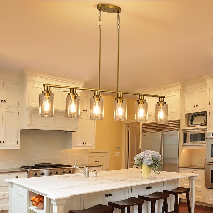 Kitchen Island Lighting, 6-Light Modern Dining Room Light Fixture Over Table,44.3'' Vintage Farmhouse Gold Linear Chandelier, Industrial Pendant Lights for Kitchen Island with Clear Glass Shade