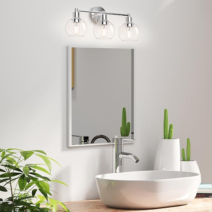 Espird 3 Lights Bathroom Vanity Light Fixtures Chrome, Bathroom Lights Over Mirror, Industrial and Farmhouse 3 Light Wall Sconce, Polished Chrome Globe Vanity Lighting Fixtures