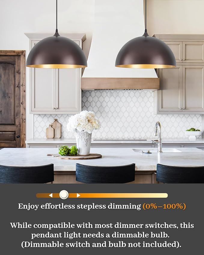 Bronze Pendant Lights Kitchen Island, 16 Inch Large Dome Pendant Light, Modern Farmhouse Pendant Light for Kitchen Island, Dining Room, Cafe, Bar, 2 Pack