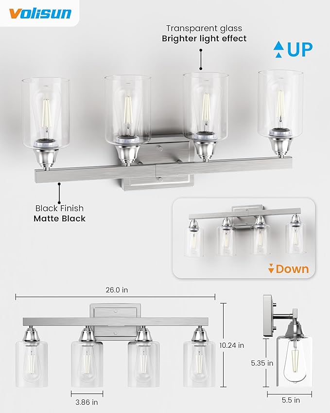 VOLISUN Brushed Nickel Bathroom Light Fixtures, 4-Light Bathroom Vanity Light Over Mirror, Modern Vanity Lights for Bathrooms, Bathrooms Lights Fixtures Over Mirror with Clear Glass Shades