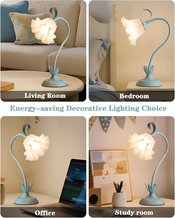 WERFOP Flower Table Lamp, LED Reading Light Vintage Bedside Table Lamp with 3 Color Modes for Nightstand, Kawaii Decoration for Home Bedroom Living Room (Blue)