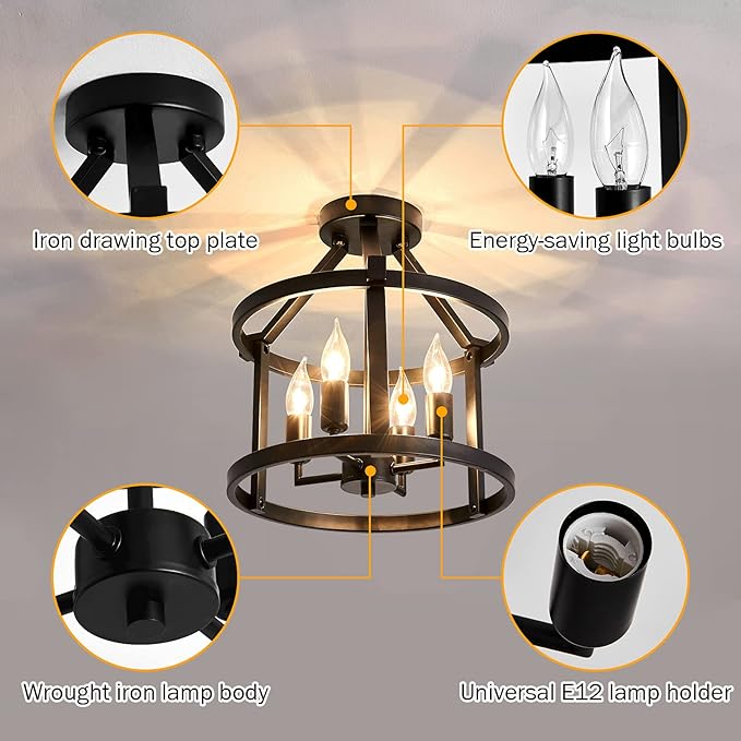 UOFUS 2-Pack Semi Flush Mount Ceiling Light Fixture Farmhouse Matte Chandelier Ceiling Lamp for Entryway Foyer Dining Room Bedroom Kitchen Hallway （Black Metal ）