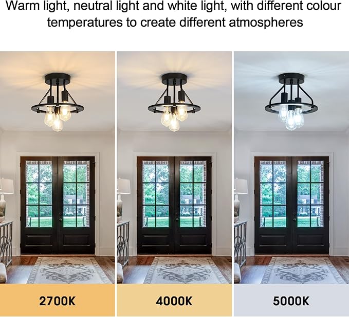 Semi Flush Mount Ceiling Light Fixture 3-Light Matte Black Ceiling Light E26 Edison Farmhouse Industrial Small Chandelier for Entryway Hallway Bedroom Kitchen Foyer Passway Balcony