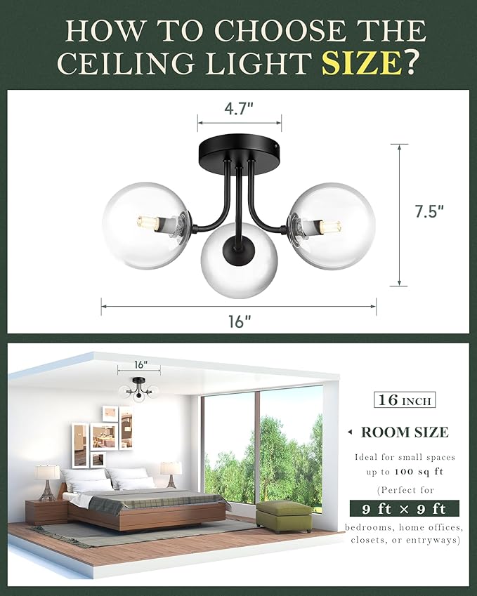 3-Globe Black Flush Mount Ceiling Light in a Modern Farmhouse Design is Ideal for Living Rooms, Matte