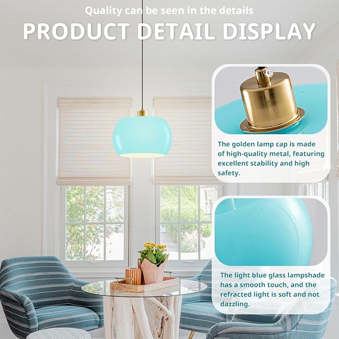 Pendant Light Mid Century Modern Pendant Lighting Blue Glass Hanging Lights Over Table Light Fixtures Adjustable Gold Hanging Lamps for Dining Room Kitchen Island, Easy to Install, 1-Light