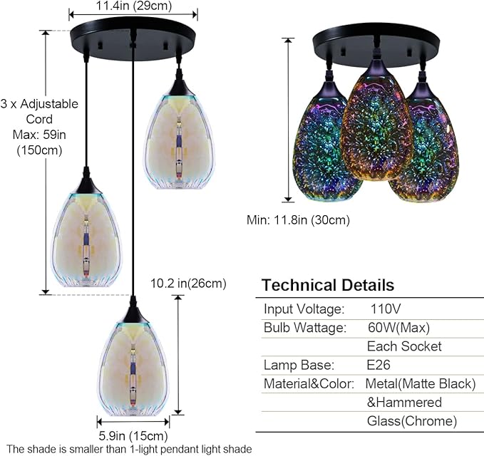 Yisuro Modern 3D Pendant Lights Kitchen Island 3 Pack, Farmhouse Colorful Glass Pendant Light with Clear Globe Shade, Kitchen Island Lighting for Dining Room Entryway, 7.8-inch Diameter