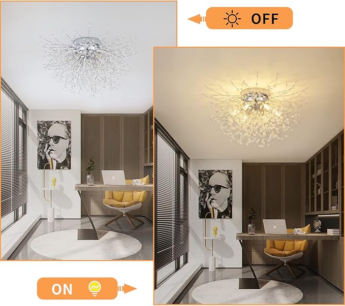 CM MZY Chrome Firework Flush Mount Ceiling Light Fixture, Modern Crystal Sputnik Firework Ceiling Lights, 6-Light Close to Ceiling Lighting Fixtures for Bedroom Kitchen Hallway Entryway