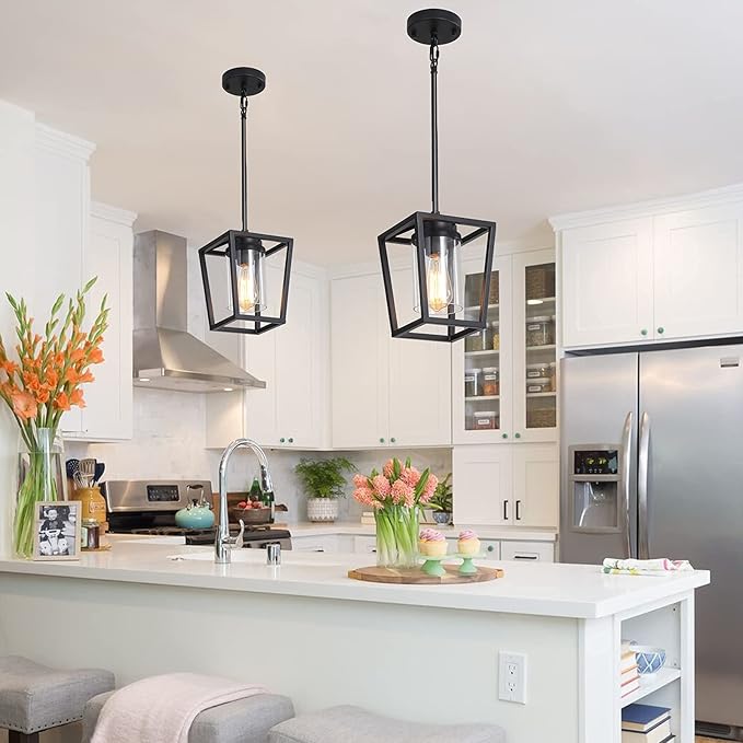 SGLfarmty Pendant Lights Kitchen Island, 1-Light Black Modern Farmhouse Adjustable Lantern Hanging Fixture with Glass Shade for Dining Room Entryway Hallway