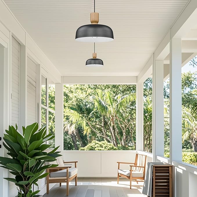 Dusk to Dawn Farmhouse Pendant Lights, 12.4 inch Industrial Pendant Lighting, Adjustable Hanging Light Fixtures with Hammered Metal Shade for Kitchen Island, Black