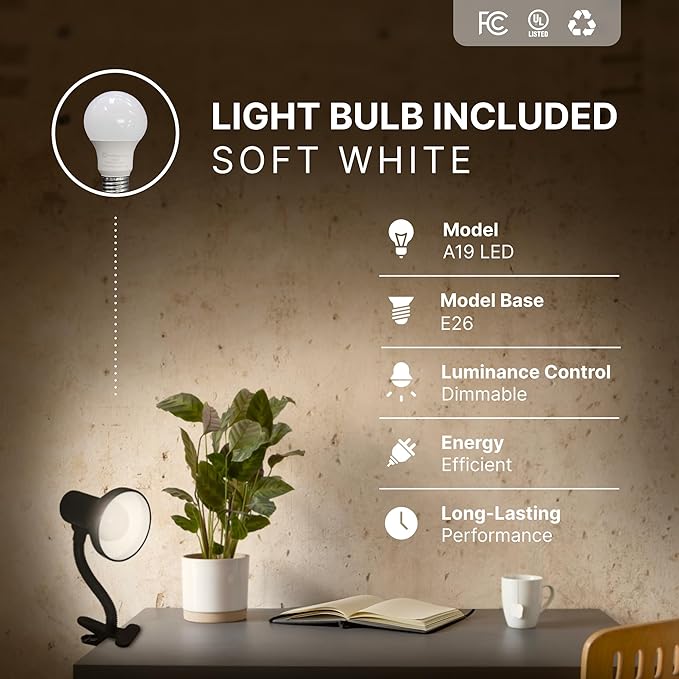 Xtricity LED Clip on Desk Lamp with 360° Flexible Gooseneck, Reading Light for Bed Headboard– A19 Bulb Included, 120V, On/Off Switch, 10.25” Height Table Lamp with White Finish