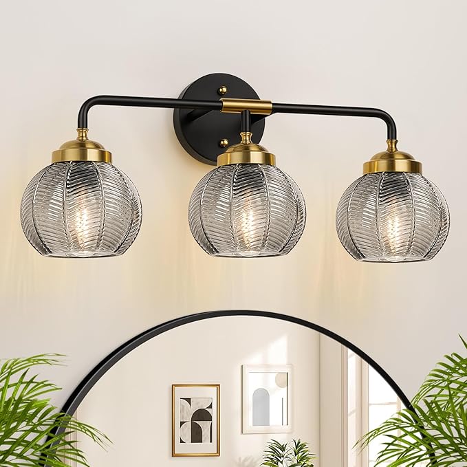 MOKATNG Bathroom Light Fixtures, 3-Light Smokegray Vanity Lights with Unique Leaf Texture Glass Shade, Modern Matte Black and Gold Bathroom Wall Lamp for Mirror Hallway Cabinet Living Room