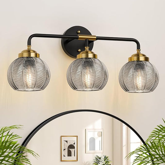 MOKATNG Bathroom Light Fixtures, 3-Light Smokegray Vanity Lights with Unique Leaf Texture Glass Shade, Modern Matte Black and Gold Bathroom Wall Lamp for Mirror Hallway Cabinet Living Room
