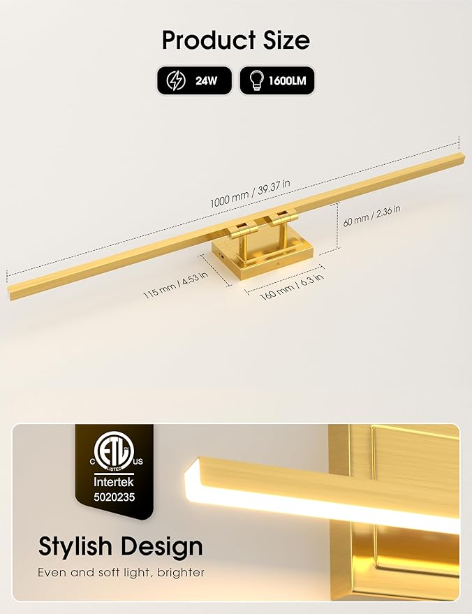 VOLISUN Bathroom Vanity Light 39.4 inch, 24W Dimmable 5CCT Led Bathroom Light Fixture Over Mirror, Gold Bar Vanity Light for Bathrooms-ETL Certificated