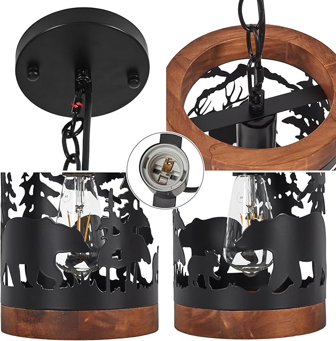 Rustic Bear Pendant Light, 1-Light Farmhouse Wood and Metal Cage Chandelier, Adjustable Hanging Ceiling Fixture for Kitchen Island, Hallway, Bar, Dining Room, Foyer, or Bedroom, (No Bulb Included)