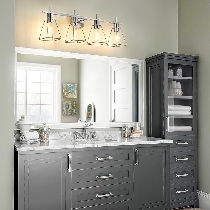 Industrial Bathroom Vanity Lights: 4-Light Silver Brushed Nickel Vintage Metal Cage Wall Sconce - Rustic Farmhouse Light Fixture Over Mirrors Cabinet for Bath Hallway