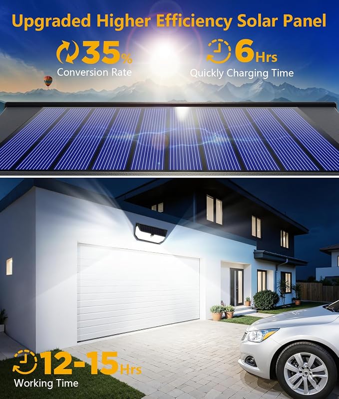 Solar Motion Sensor Lights Outdoor 2Pack, 4500LM & 300° Wide Motion Sensor, 7000K Solar Flood Lights Solar Powered, 3 Lighting Modes Solar Security Spot Lights Waterproof for Fence Wall Yard Deck