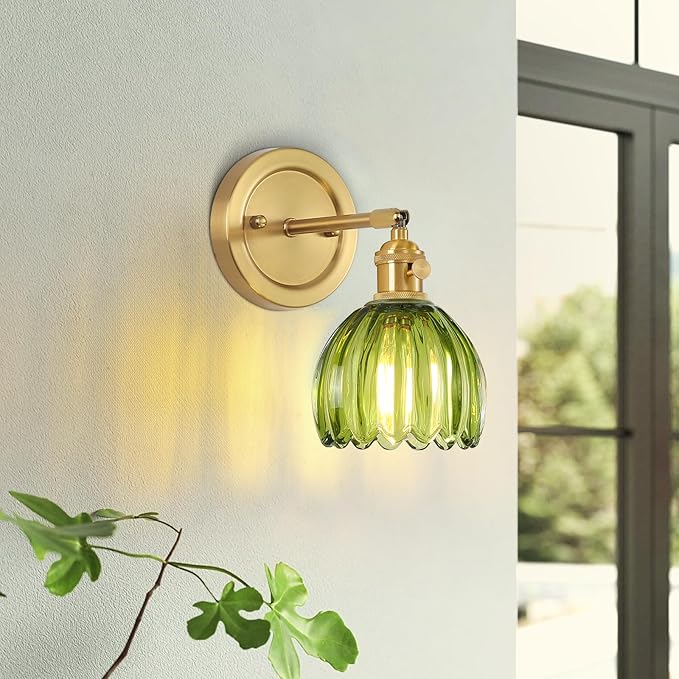 Vintage Wall Sconces Set of 2 Corded Wall Sconce Indoor Wall Mount Lamp with Tulip Glass Shade 180°Adjustable Victorian Art Wall Light with Twist Switch for Bedside Doorway (Green, Hardwired)