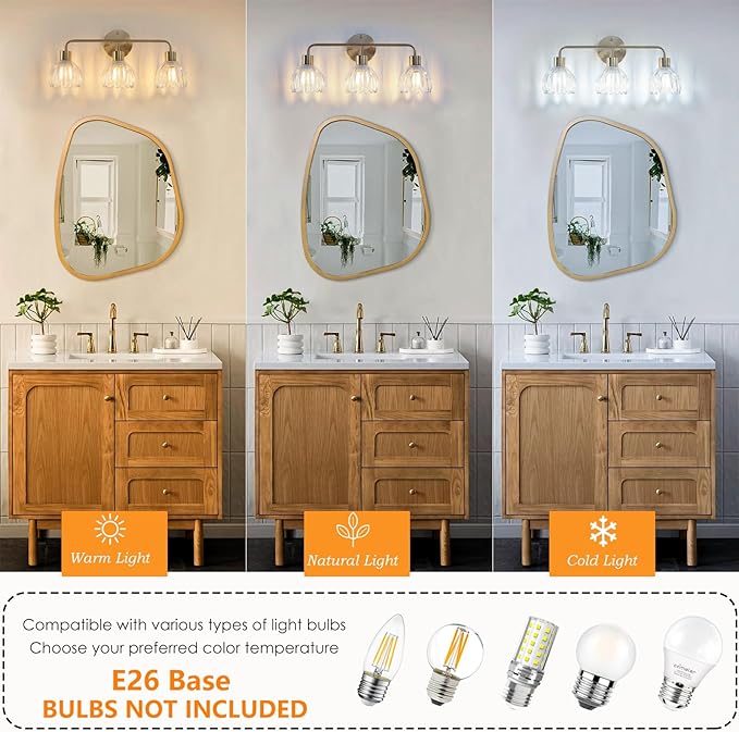 3-Light Gold Brass Bathroom Light Fixture with Clear Tulip Glass Shade,Wall Sconces,Vintage Vanlity Light Over Mirror,Bathroom Wall Light,E26 Socket(Bulbs Not Included)