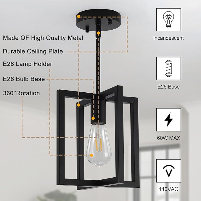 1-Light Black Ceiling Light Fixture Semi Flush Mount, Rustic Vintage Retro Ceiling Light Metal Industrial Farmhouse Chandelier Lamp for Hallway Entryway Bedroom Dining Room 9.05''