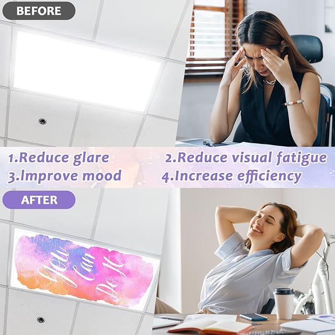 QOUBAI 8 Pcs Fluorescent Light Covers, 4x2 Feet Magnetic Light Cover Fluorescent Lights Shade Panel Positive Inspirational Ceiling Lights Filters for Office Classroom Home Drop Ceiling Watercolor