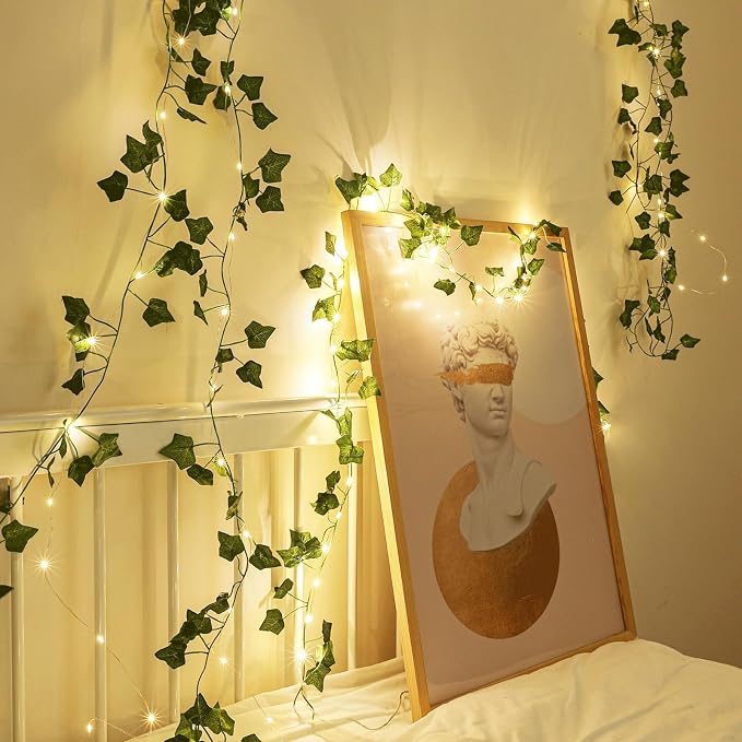 Vine with Fairy Lights, 2 Pack 40LEDs Vine Lights Green Ivy Vines String Lights Battery Operated, Artifical Garland Leaf with Fairy Light for Bedroom Dorm Wall Decor