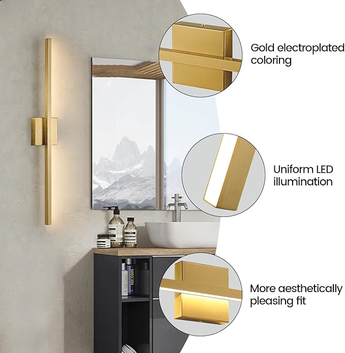 Epinl Gold Vanity Lights for Bathroom - 31.5 inch Brushed Gold Bathroom Light Fixtures Over Mirror 22W LED Dimmable Wall Sconce Lighting Fixture 5CCT Vanity Light Bar for Bathroom Bedroom
