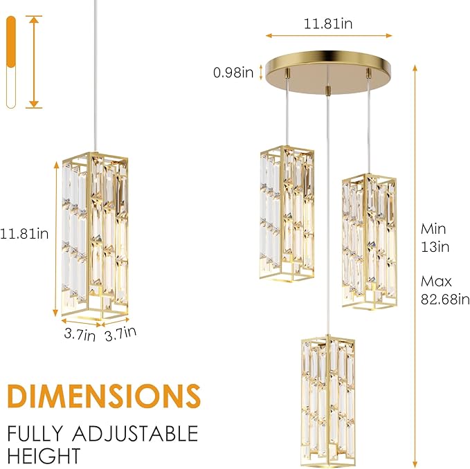 3-Light Brass Pendant Lights Modern Pendant Light Fixture, Mini Crystal Pendant Ceiling Light, Pendant Light for Kitchen Island, Dinning Room, Bedroom, Kitchen Sink Lighting (3 Lights)