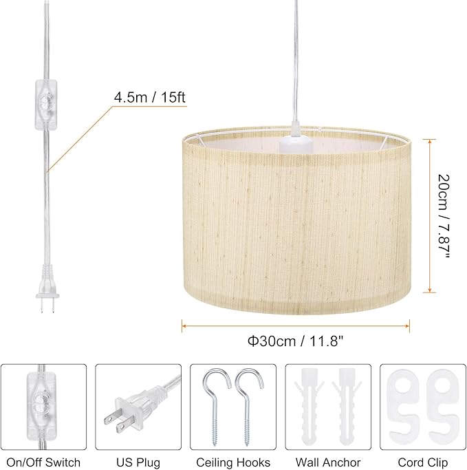 PATIKIL Plug in Pendant Light, 2 Pack 15Ft Rope Cord Hanging Lamp Fixture with ON/Off Switch, Linen Fabric Shade E26/E27 Bulb Socket for Bedroom Kitchen Living Room, Silver Gray