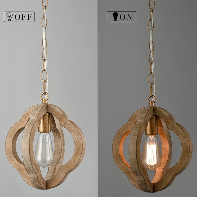 SAMTEEN Farmhouse Wood Pendant Lights Kitchen Island, Vintage Wooden Pendant Lighting Rustic 1-Light Wood Hanging Ceiling Light Fixture for Hallway Bedroom Entrance, Adjustable Chain