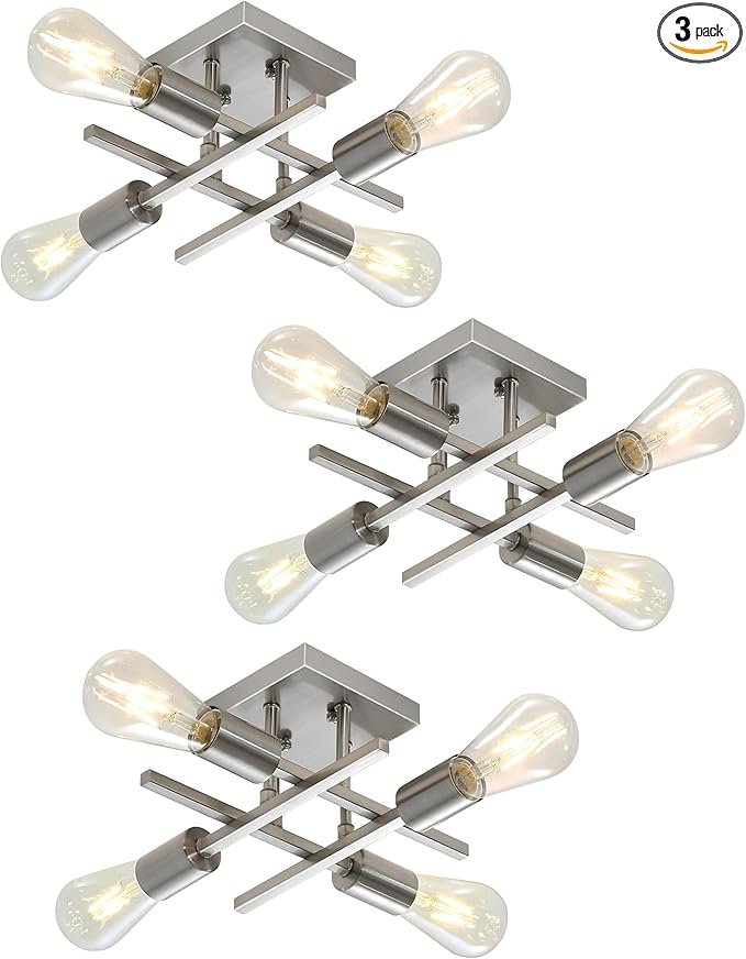Industrial 4-Light Semi Flush Mount Ceiling Light Fixture, 3 Pack Modern Brushed Nickel Chandelier Lighting, Farmhouse Sputnik Ceiling Lamp, E26 Base Pendant Lamps