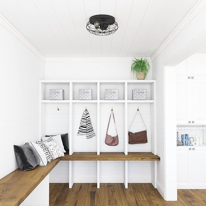 Prominence Home Lincoln Woods 15" Matte Black Industrial Flush Mount Light with Cage - 51552-01