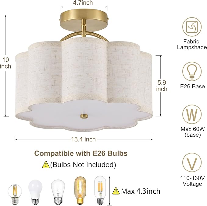 13.5" Semi Flush Mount Ceiling Light Fixture for Bedroom, 3-Light Flower-Shape Modern Close to Ceiling Light with Fabric Shade for Hallway Nursery Kitchen Island(Hemp-Color)