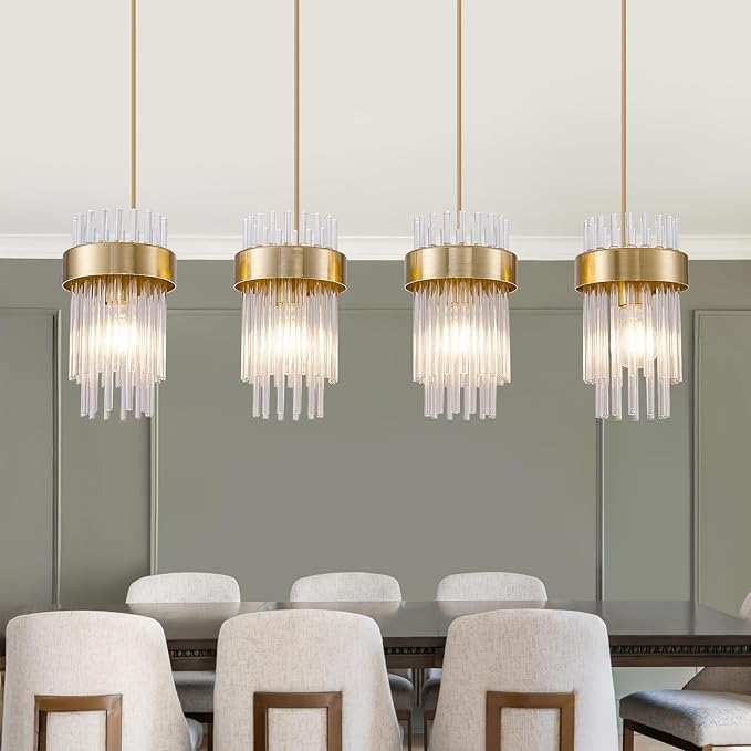 Dijiahua 4-Light Gold Pendant Lights Kitchen Island Over Table, Modern Crystal Brushed Brass Linear Chandeliers,Adjustable Cord Hanging Counter Lamp Fixture for Dinning Room,Sink