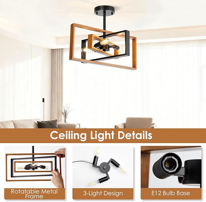 Ceiling Light,3-Light Industrial Flush Mount Ceiling Light,Rotatable Metal Frame Ceiling Light Fixture, Farmhouse Kitchen Lighting Fixtures Ceiling,Dining Room Light Fixture,Living Room,Bedroom