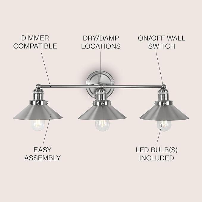 JONATHAN Y 26.5" Nickel 3-Light Industrial Farmhouse Metal Vanity Light Wall Sconce, Metal Shade for Bathroom Mirror, Kitchen, Entryway, LED Bulb Included (JYL7428B)