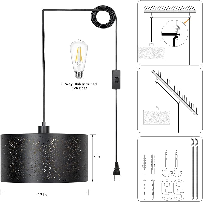 Qingmiao Plug in Pendant Light, Hanging Lamp Plug in with Metal Shade, 3-Way Dimmable Hanging Light Fixture for Living Room Bedroom Kitchen Ceiling Farmhouse Home Decor