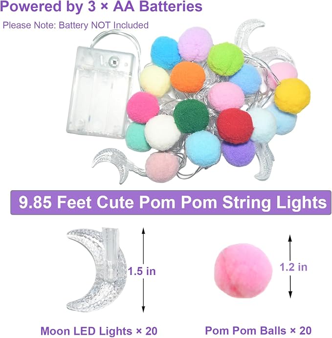 9.85FT String Lights Room Decor with 20 Cute PomPoms 20 Colorful LED Lights Battery Operated with Timer for Girls Bedroom Birthday Party Kids Playhouse Wedding Valentine's Day Christmas Decoration