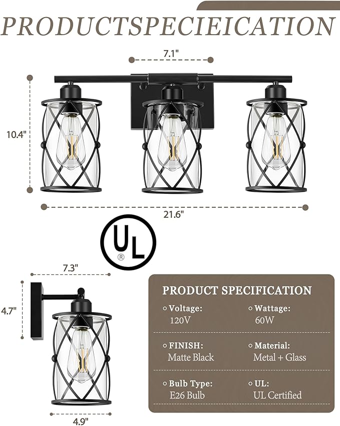 3-Light Black Bathroom Light Fixtures, 21 Inch Modern Bathroom Vanity Lighting Fixtures Over Mirror with Clear Glass and Metal Cage Wall Sconce Lights for Bath, E26, CH9176BK-3W