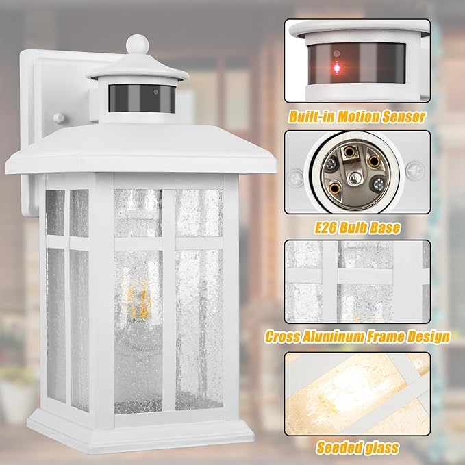 Brilvibera Dawn to Dusk Motion Sensor Wall Light Fixtures - White Wall Mount with E26 Sockets & Tempered Glass, Waterproof Outdoor & Indoor Lights for House, Porch, Garage, Door